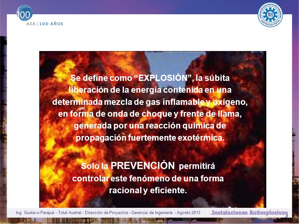 Se define como EXPLOSIÓN , la súbita liberación de la energía contenida en una determinada mezcla de gas inflamable y oxígeno, en forma de onda de choque y frente de llama, generada por una reacción química de propagación fuertemente exotérmica.