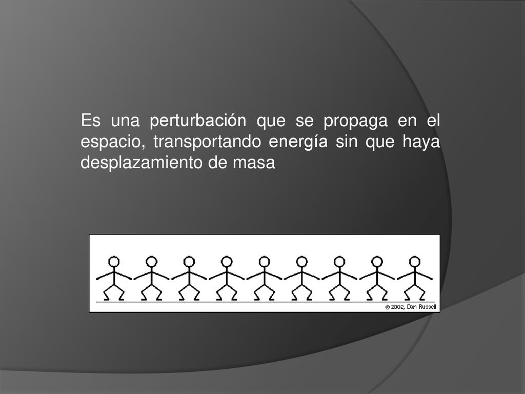 Es una perturbación que se propaga en el espacio, transportando energía sin que haya desplazamiento de masa