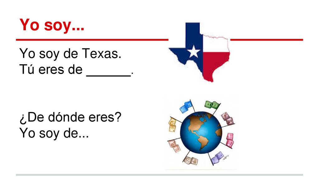 Yo soy... Yo soy de Texas. Tú eres de ______. ¿De dónde eres