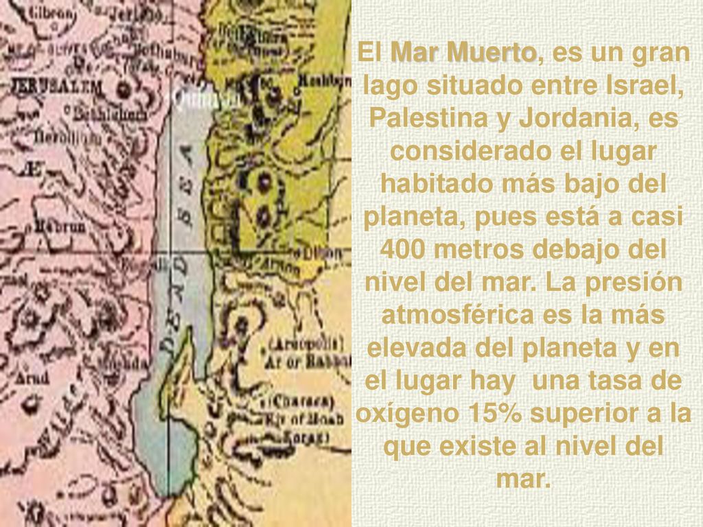 El Mar Muerto, es un gran lago situado entre Israel, Palestina y Jordania, es considerado el lugar habitado más bajo del planeta, pues está a casi 400 metros debajo del nivel del mar.