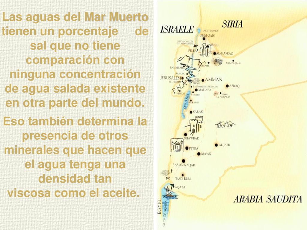 Las aguas del Mar Muerto tienen un porcentaje de sal que no tiene comparación con ninguna concentración de agua salada existente en otra parte del mundo.
