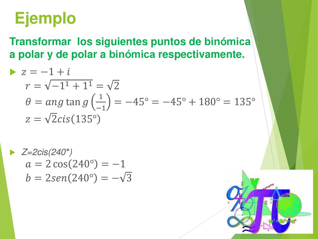 Ejemplo Transformar los siguientes puntos de binómica a polar y de polar a binómica respectivamente.