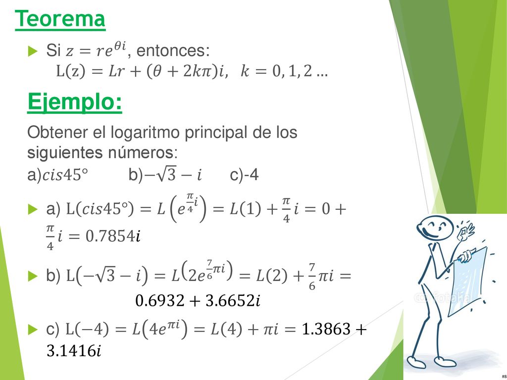 Teorema Ejemplo: Si 𝑧=𝑟 𝑒 𝜃𝑖 , entonces: L z =𝐿𝑟+ 𝜃+2𝑘𝜋 𝑖, 𝑘=0, 1, 2…