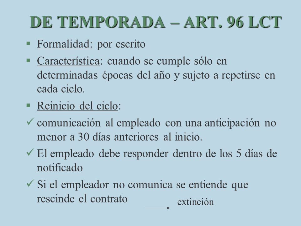 DE TEMPORADA – ART. 96 LCT Formalidad: por escrito