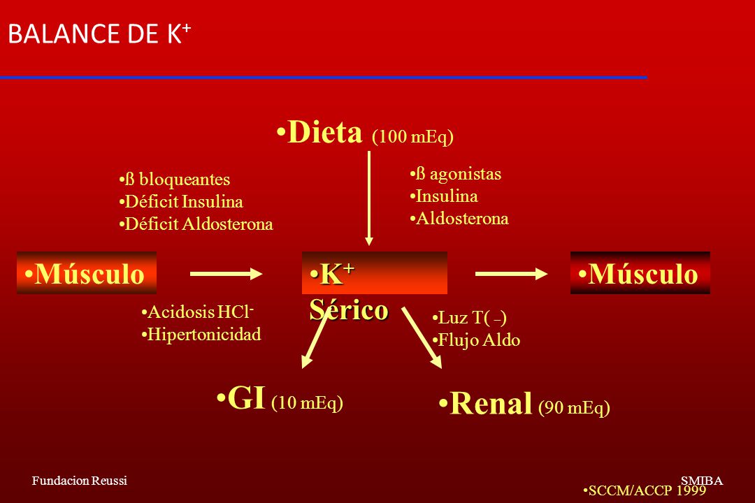 Dieta (100 mEq) GI (10 mEq) Renal (90 mEq) BALANCE DE K+ Músculo