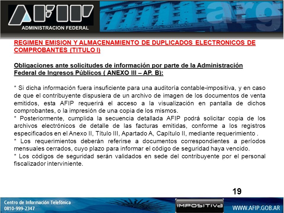 REGIMEN EMISION Y ALMACENAMIENTO DE DUPLICADOS ELECTRONICOS DE COMPROBANTES (TITULO I)