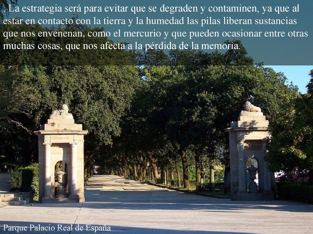 . La estrategia será para evitar que se degraden y contaminen, ya que al estar en contacto con la tierra y la humedad las pilas liberan sustancias que nos envenenan, como el mercurio y que pueden ocasionar entre otras muchas cosas, que nos afecta a la pérdida de la memoria.