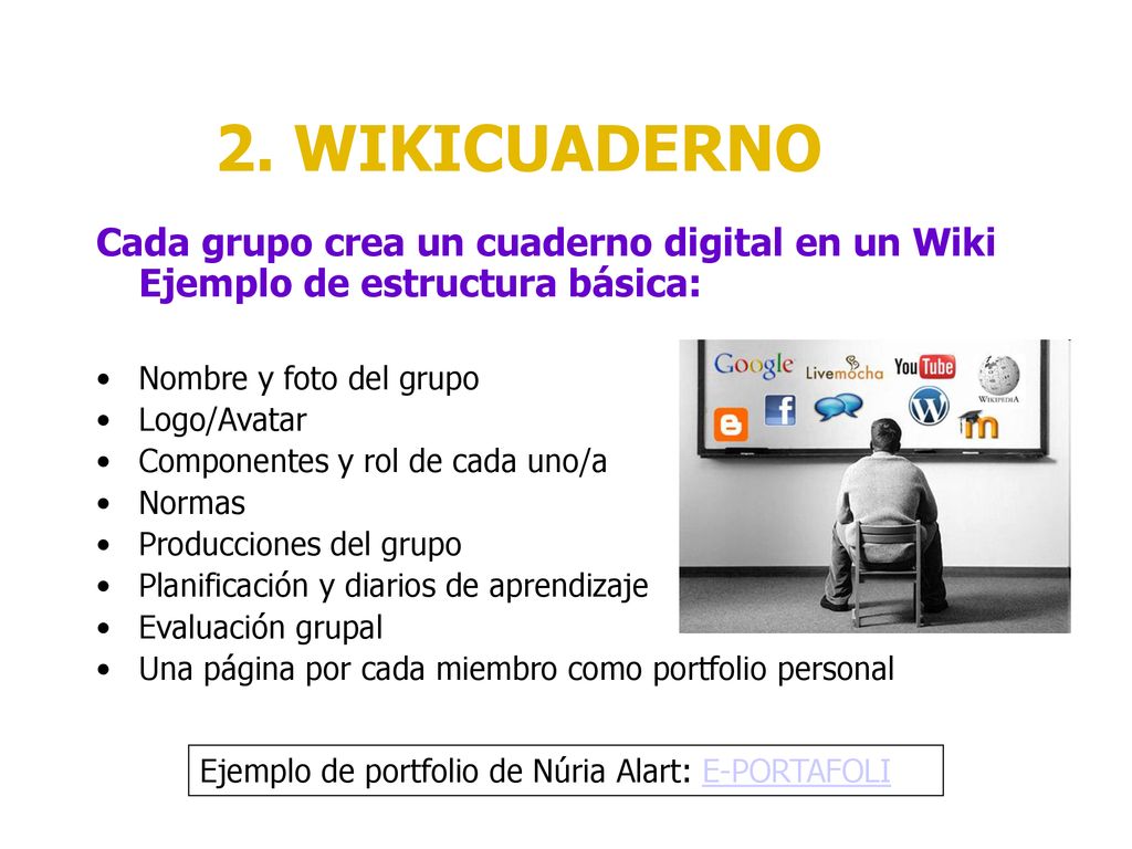 2. WIKICUADERNO Cada grupo crea un cuaderno digital en un Wiki Ejemplo de estructura básica: Nombre y foto del grupo.