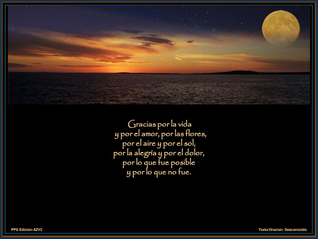 Gracias por la vida y por el amor, por las flores, por el aire y por el sol, por la alegría y por el dolor, por lo que fue posible y por lo que no fue.