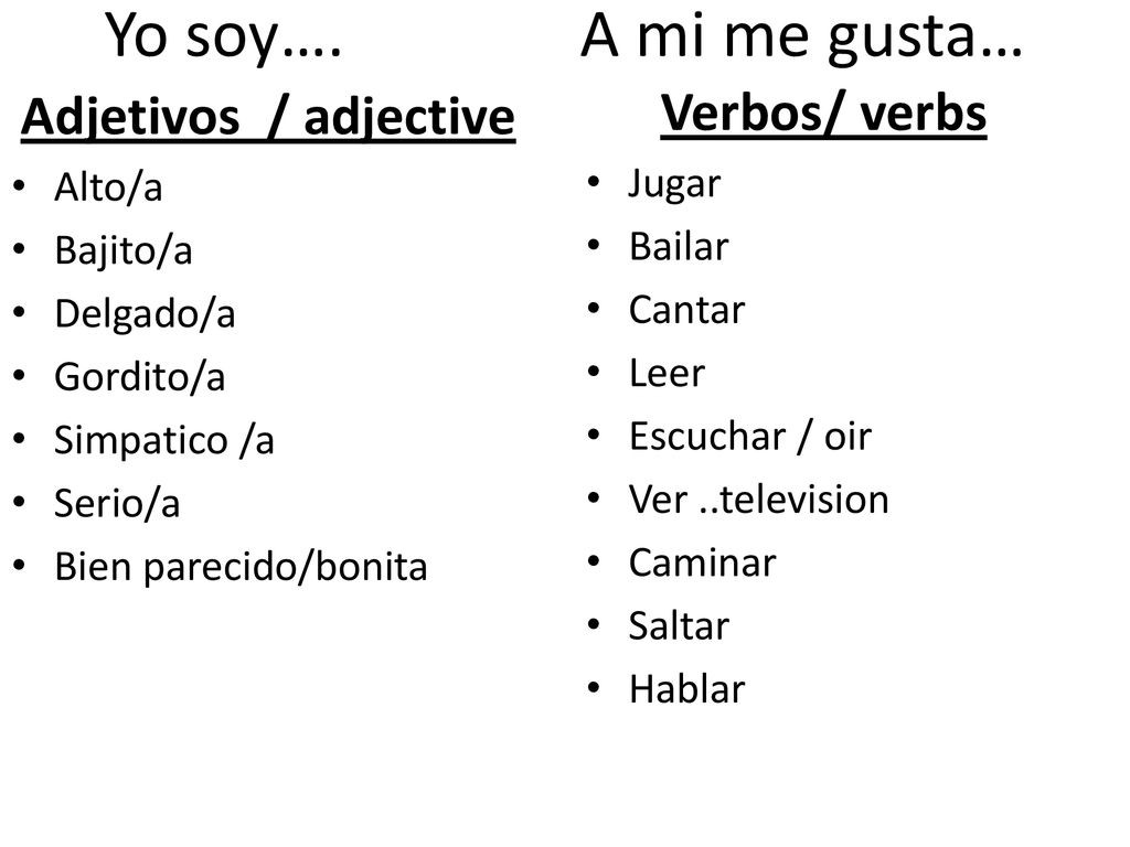 Yo soy…. A mi me gusta… Verbos/ verbs Adjetivos / adjective Jugar