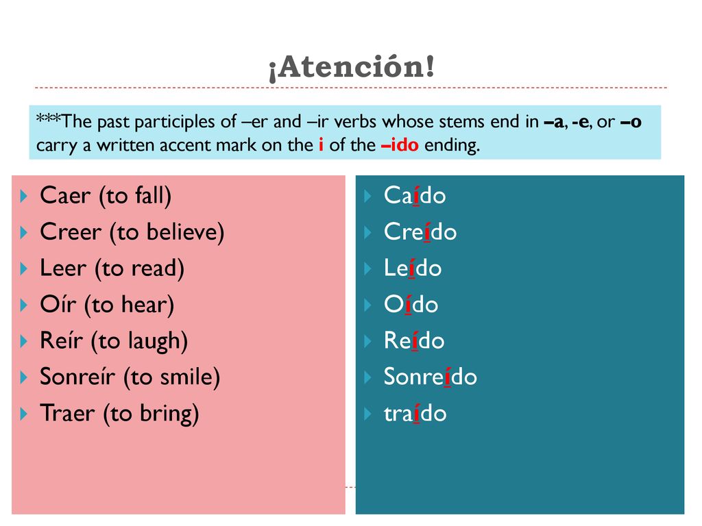 ¡Atención! Caer (to fall) Creer (to believe) Leer (to read)