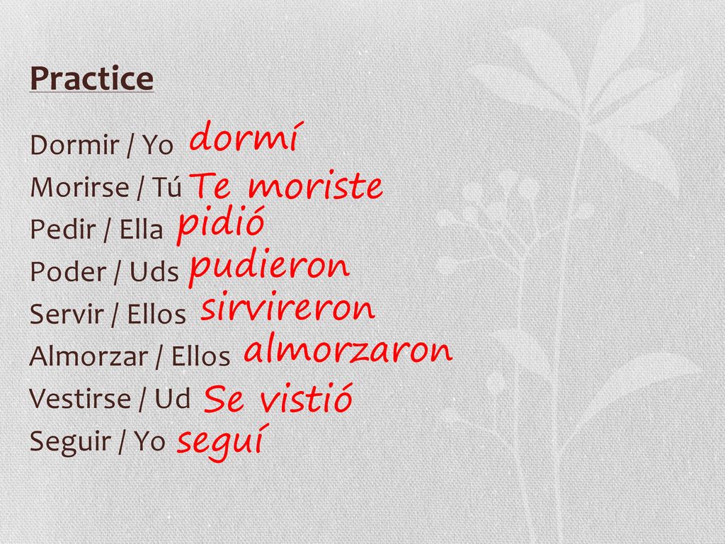 Practice dormí Te moriste pidió pudieron sirvireron almorzaron