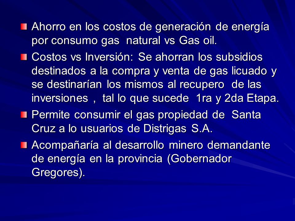 Ahorro en los costos de generación de energía por consumo gas natural vs Gas oil.