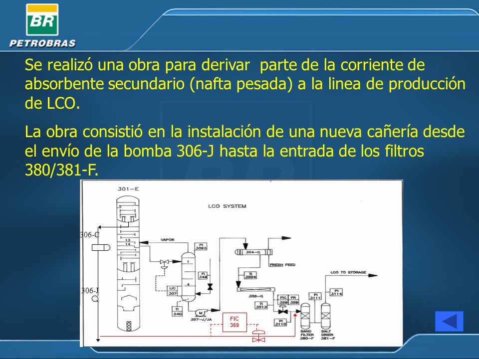 Se realizó una obra para derivar parte de la corriente de absorbente secundario (nafta pesada) a la linea de producción de LCO.