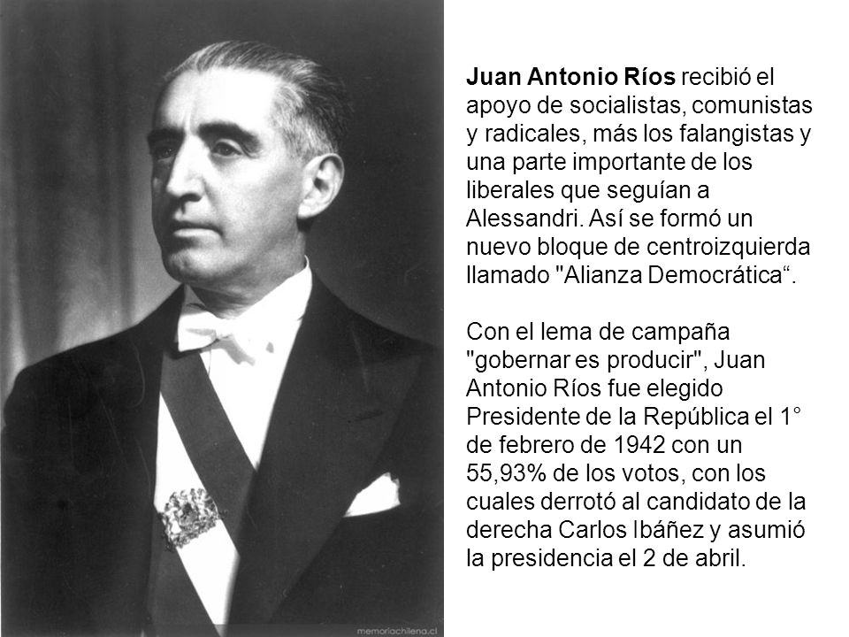Juan Antonio Ríos recibió el apoyo de socialistas, comunistas y radicales, más los falangistas y una parte importante de los liberales que seguían a Alessandri. Así se formó un nuevo bloque de centroizquierda llamado Alianza Democrática .