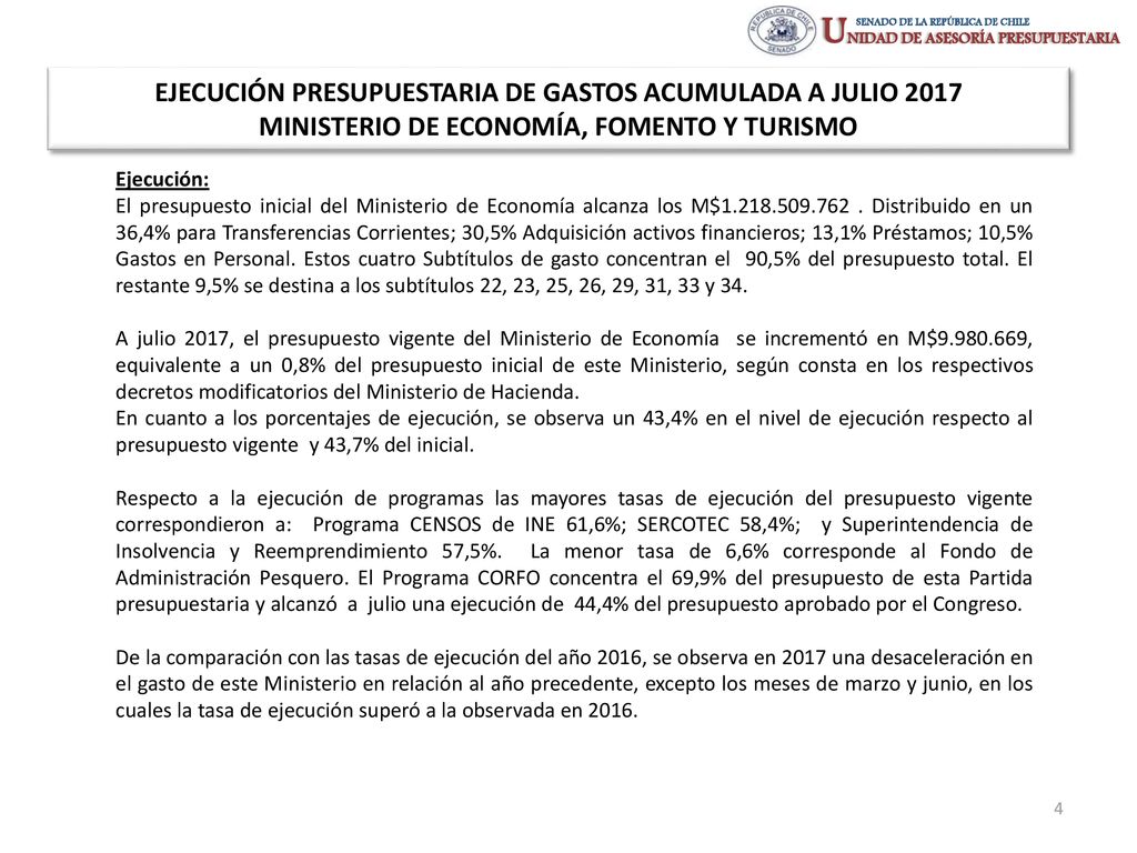 EJECUCIÓN PRESUPUESTARIA DE GASTOS ACUMULADA A JULIO 2017 MINISTERIO DE ECONOMÍA, FOMENTO Y TURISMO