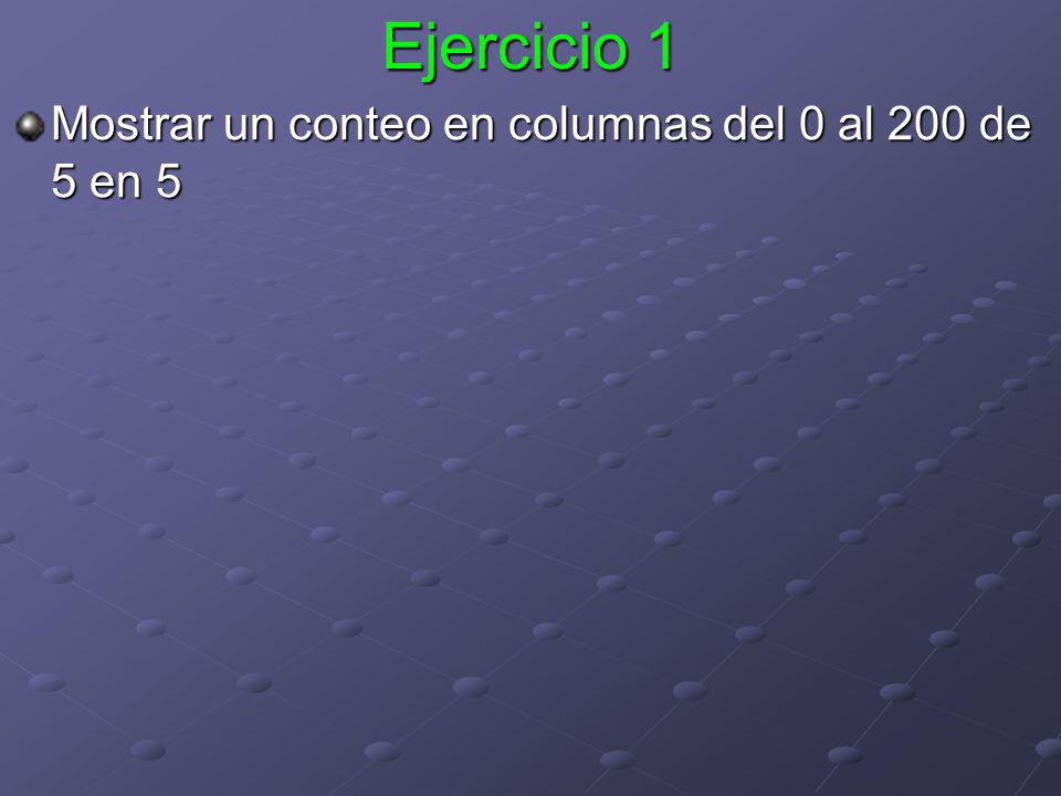 Ejercicio 1 Mostrar un conteo en columnas del 0 al 200 de 5 en 5