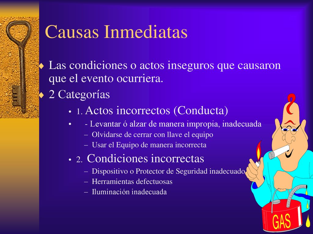 Causas Inmediatas Las condiciones o actos inseguros que causaron que el evento ocurriera. 2 Categorías.