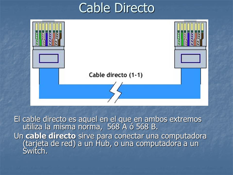 Cable Directo El cable directo es aquel en el que en ambos extremos utiliza la misma norma, 568 A ó 568 B.