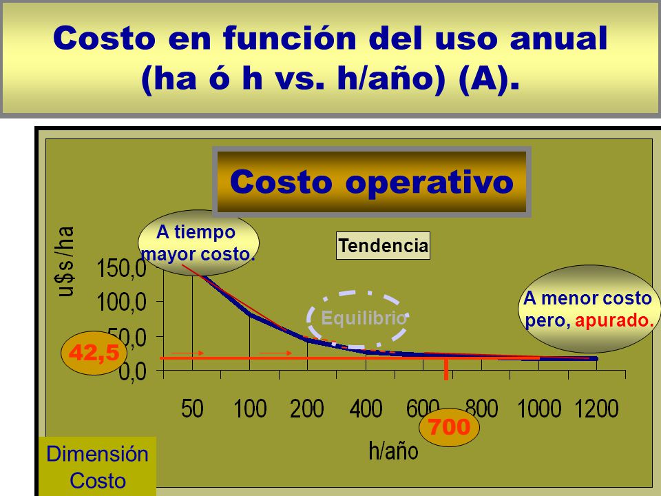 Costo en función del uso anual (ha ó h vs. h/año) (A).