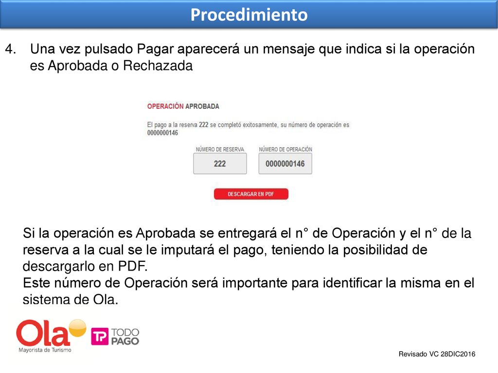 Procedimiento Una vez pulsado Pagar aparecerá un mensaje que indica si la operación es Aprobada o Rechazada.