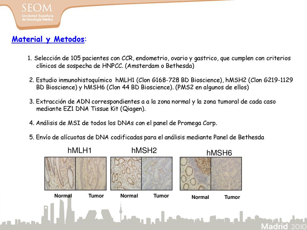 Material y Metodos: 1. Selección de 105 pacientes con CCR, endometrio, ovario y gastrico, que cumplen con criterios.
