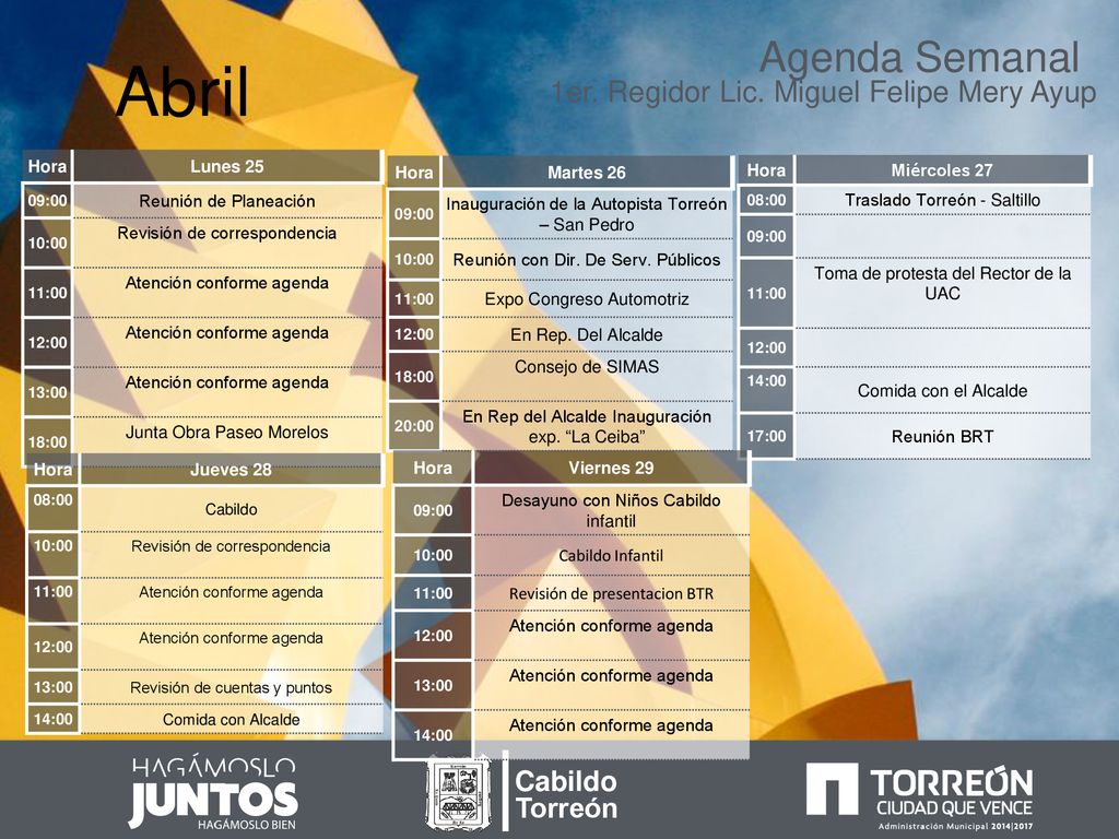 Abril Agenda Semanal 1er. Regidor Lic. Miguel Felipe Mery Ayup Cabildo