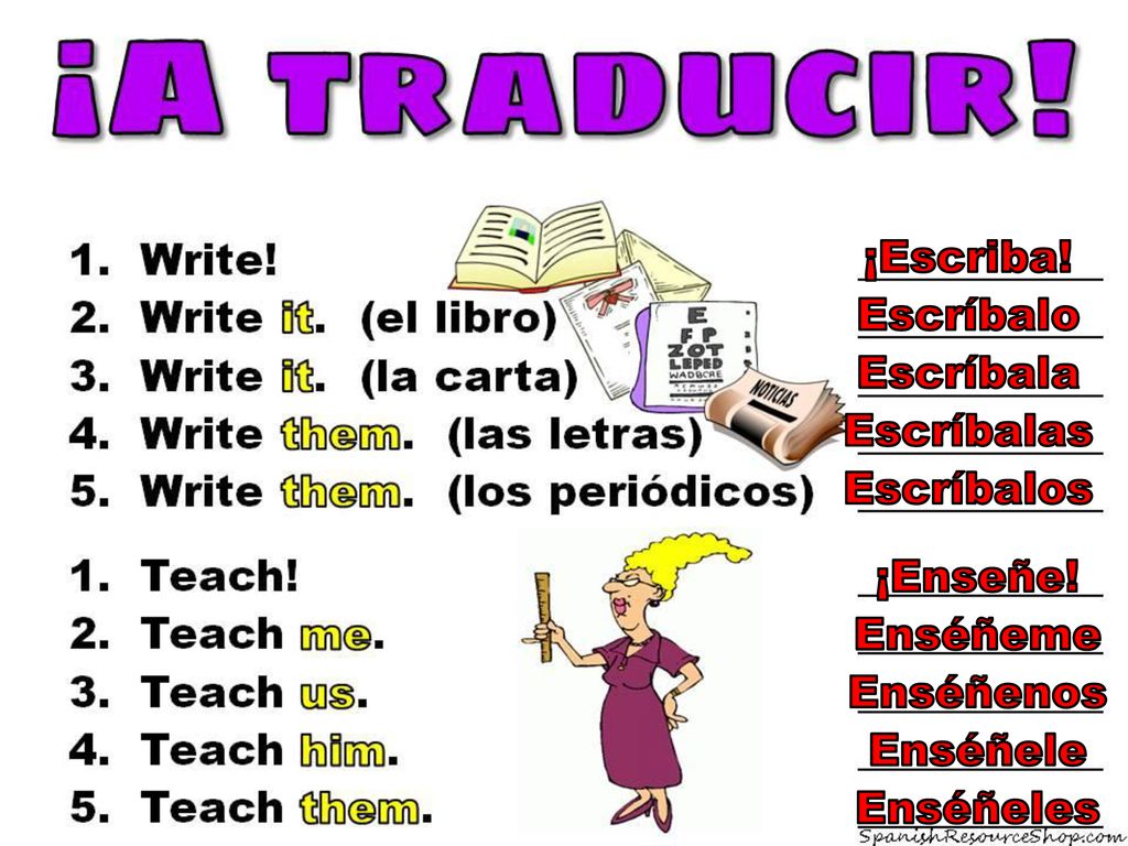 ¡Escriba! Escríbalo Escríbala Escríbalas Escríbalos ¡Enseñe! Enséñeme Enséñenos Enséñele Enséñeles