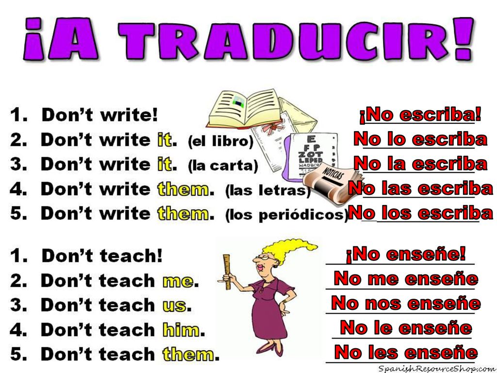 ¡No escriba! No lo escriba. No la escriba. No las escriba. No los escriba. ¡No enseñe! No me enseñe.