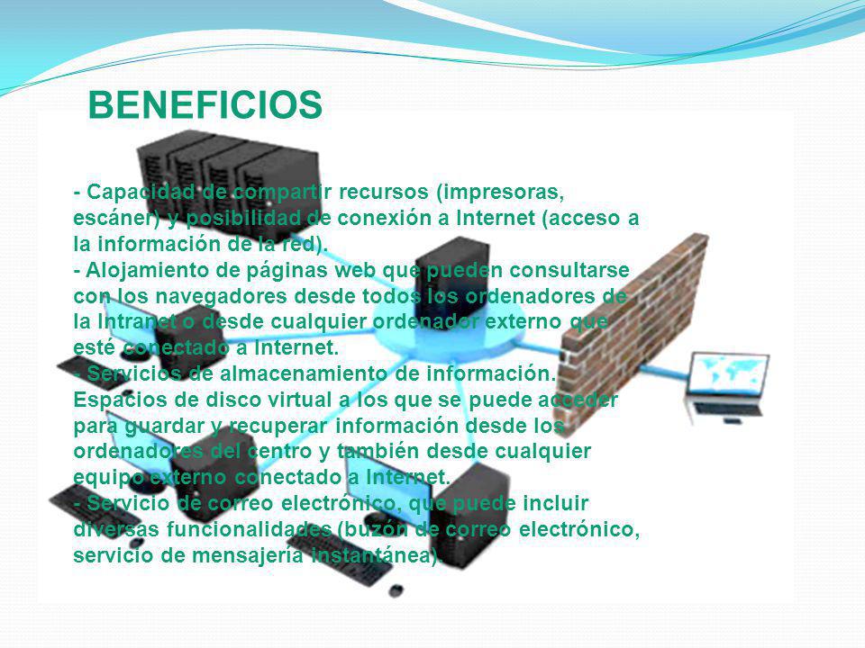 BENEFICIOS - Capacidad de compartir recursos (impresoras, escáner) y posibilidad de conexión a Internet (acceso a la información de la red).