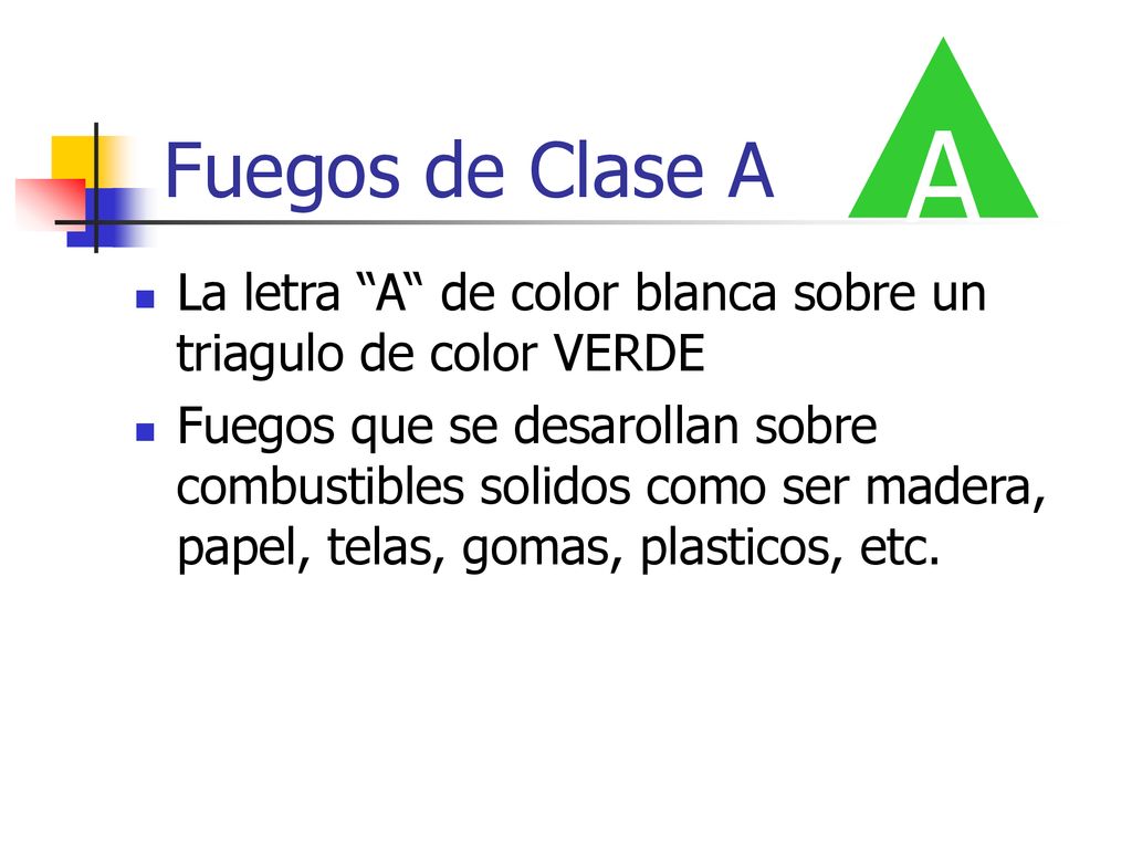 A Fuegos de Clase A. La letra A de color blanca sobre un triagulo de color VERDE.