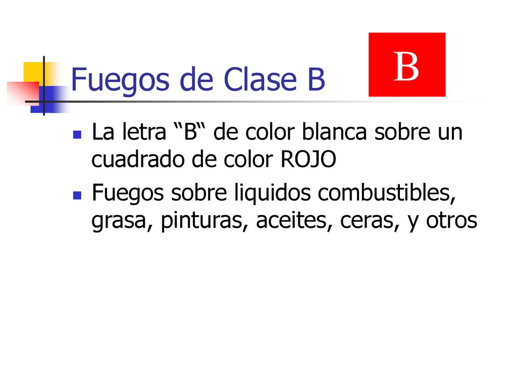 Fuegos de Clase B B. La letra B de color blanca sobre un cuadrado de color ROJO.
