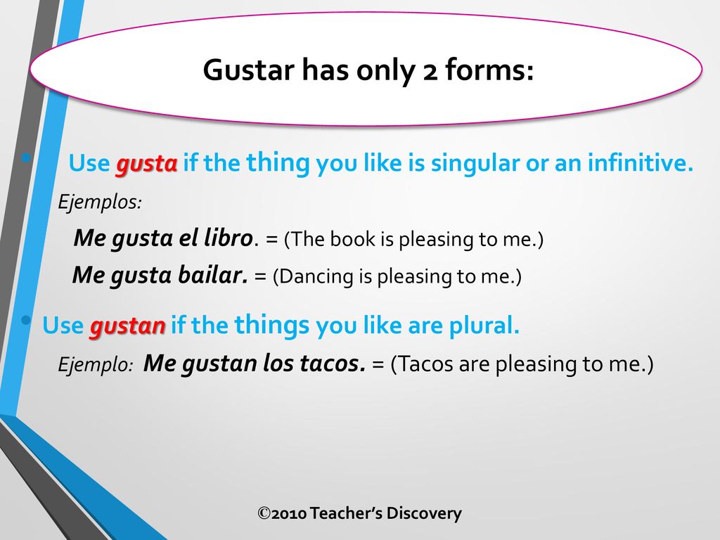Gustar has only 2 forms: Use gusta if the thing you like is singular or an infinitive. Ejemplos: Me gusta el libro. = (The book is pleasing to me.)