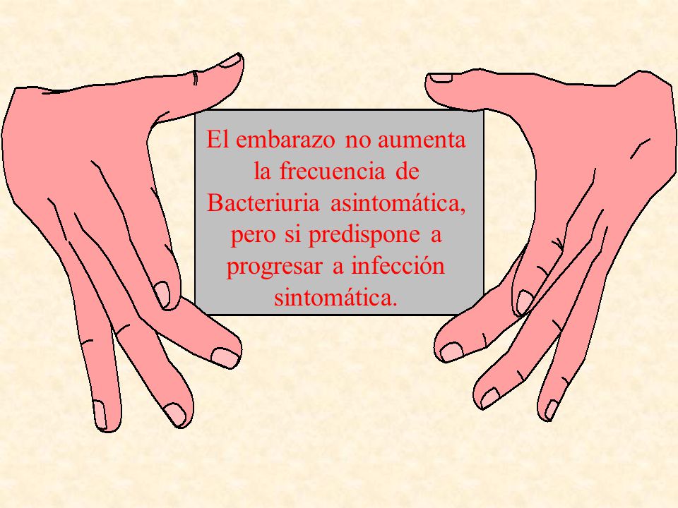 El embarazo no aumenta la frecuencia de Bacteriuria asintomática, pero si predispone a progresar a infección sintomática.