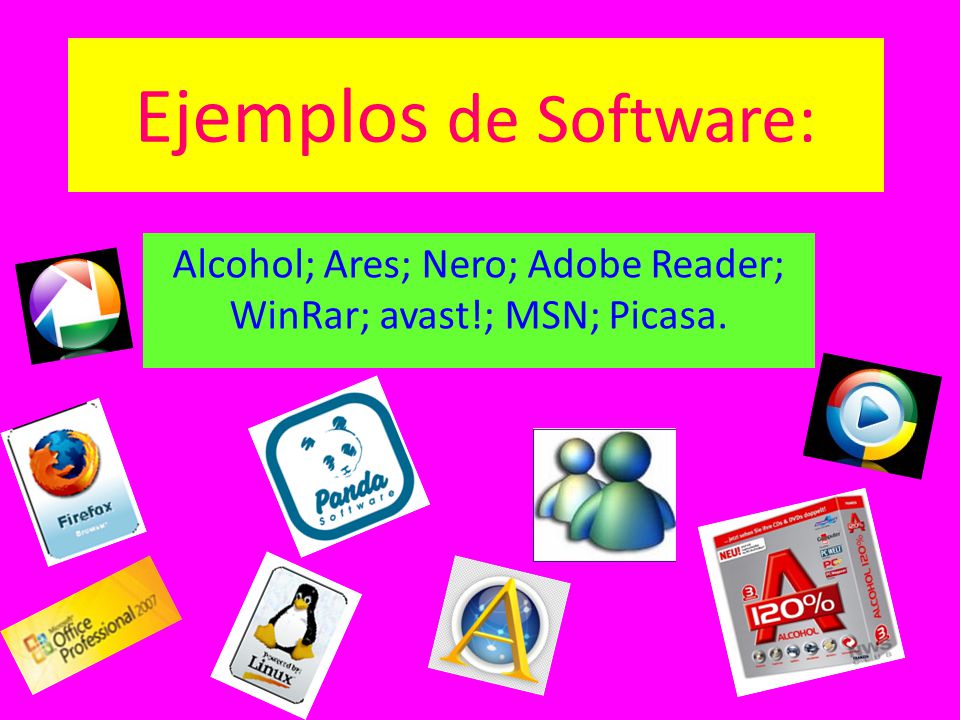 Alcohol; Ares; Nero; Adobe Reader; WinRar; avast!; MSN; Picasa.