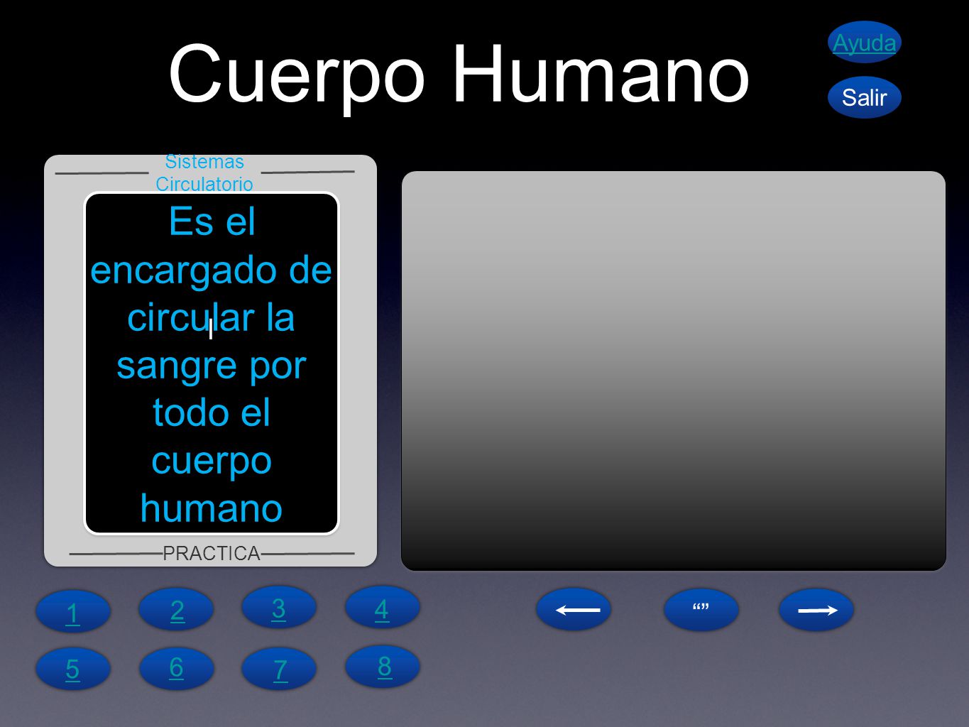 Cuerpo Humano Ayuda. Salir. Sistemas Circulatorio. Es el encargado de circular la sangre por todo el cuerpo humano.