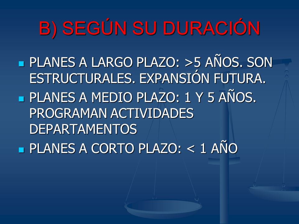 B) SEGÚN SU DURACIÓN PLANES A LARGO PLAZO: >5 AÑOS. SON ESTRUCTURALES. EXPANSIÓN FUTURA.