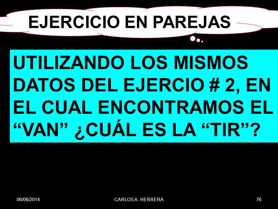 EJERCICIO EN PAREJAS UTILIZANDO LOS MISMOS DATOS DEL EJERCIO # 2, EN EL CUAL ENCONTRAMOS EL VAN ¿CUÁL ES LA TIR