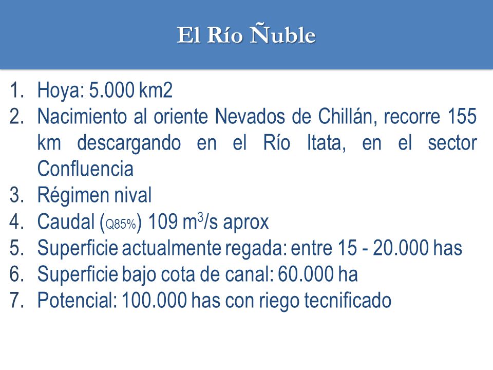 El Río Ñuble Hoya: km2. Nacimiento al oriente Nevados de Chillán, recorre 155 km descargando en el Río Itata, en el sector Confluencia.
