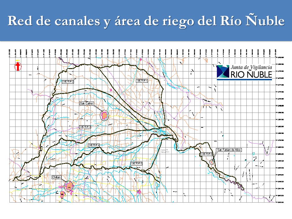 Red de canales y área de riego del Río Ñuble
