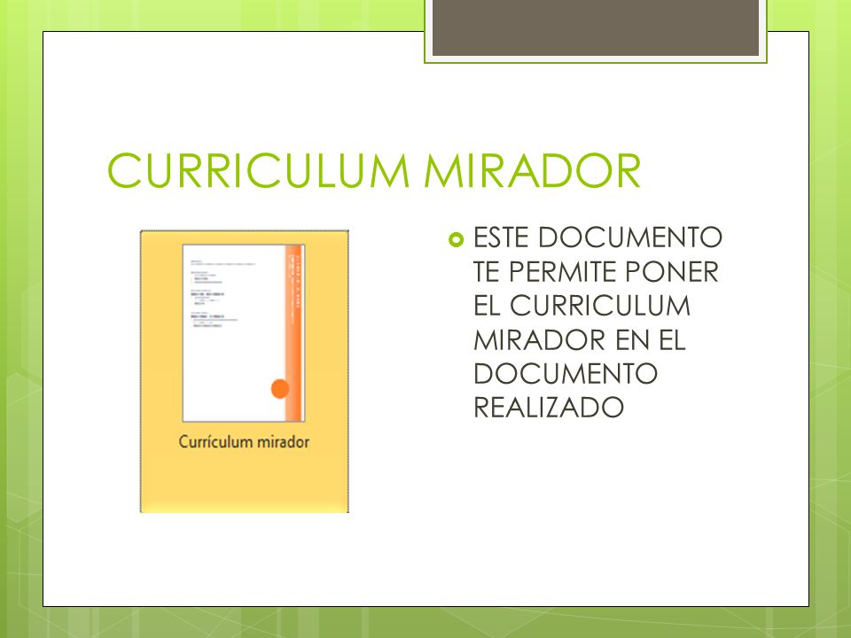 CURRICULUM MIRADOR ESTE DOCUMENTO TE PERMITE PONER EL CURRICULUM MIRADOR EN EL DOCUMENTO REALIZADO