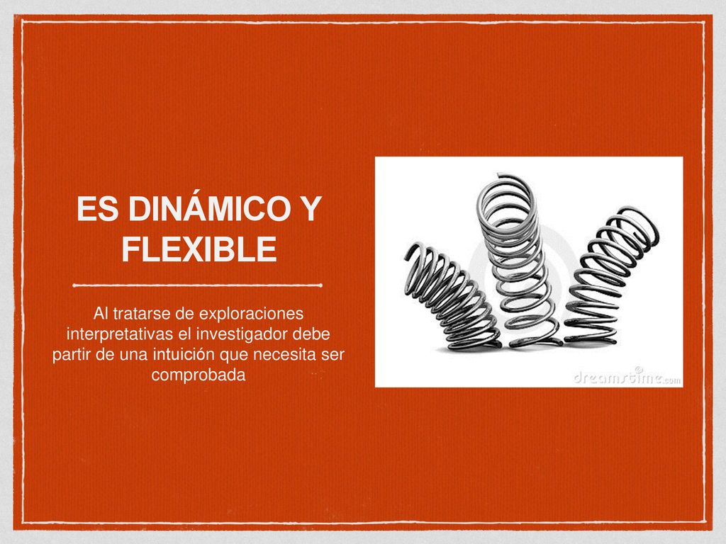 ES DINÁMICO Y FLEXIBLE Al tratarse de exploraciones interpretativas el investigador debe partir de una intuición que necesita ser comprobada.