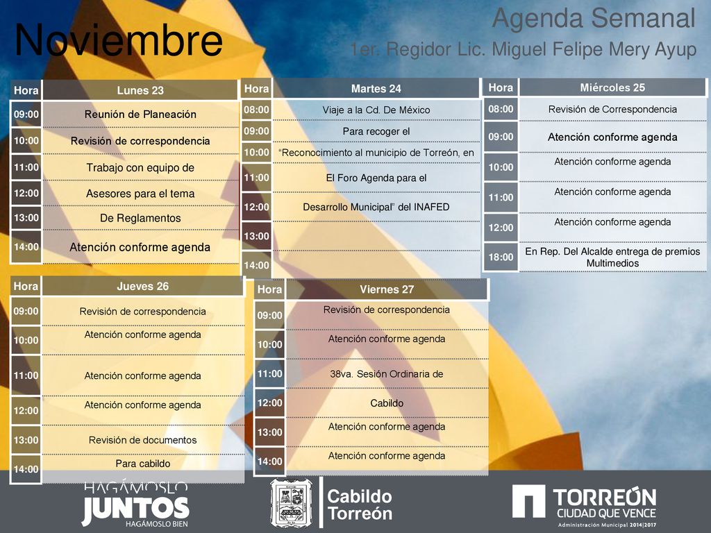 Noviembre Agenda Semanal 1er. Regidor Lic. Miguel Felipe Mery Ayup