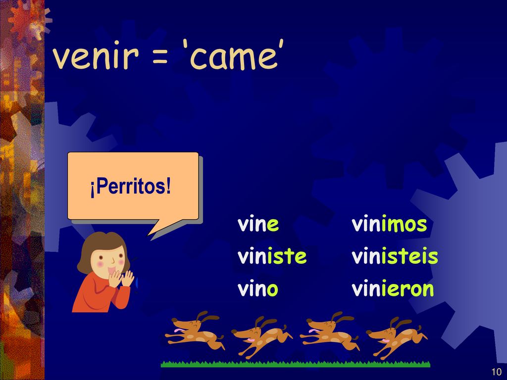 venir = ‘came’ ¡Perritos! vine viniste vino vinimos vinisteis vinieron