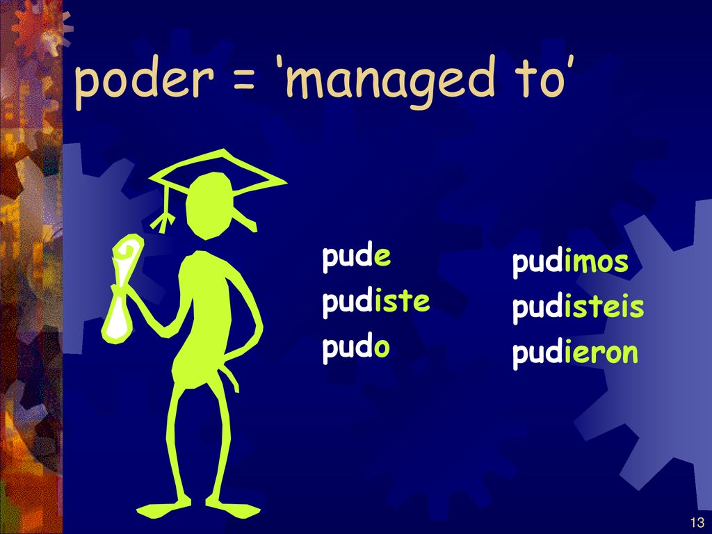 poder = ‘managed to’ pude pudiste pudo pudimos pudisteis pudieron