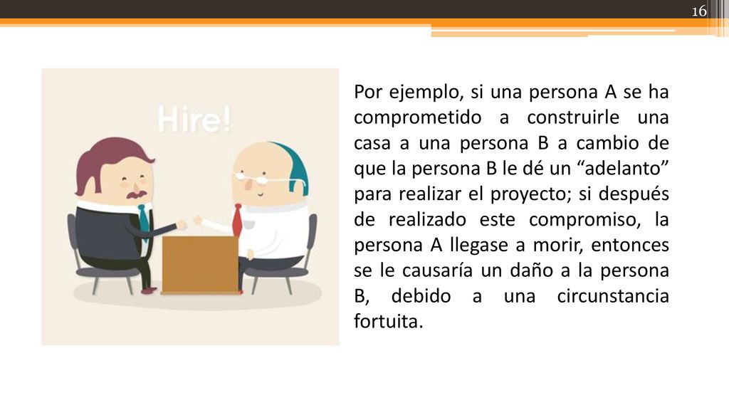 Por ejemplo, si una persona A se ha comprometido a construirle una casa a una persona B a cambio de que la persona B le dé un adelanto para realizar el proyecto; si después de realizado este compromiso, la persona A llegase a morir, entonces se le causaría un daño a la persona B, debido a una circunstancia fortuita.