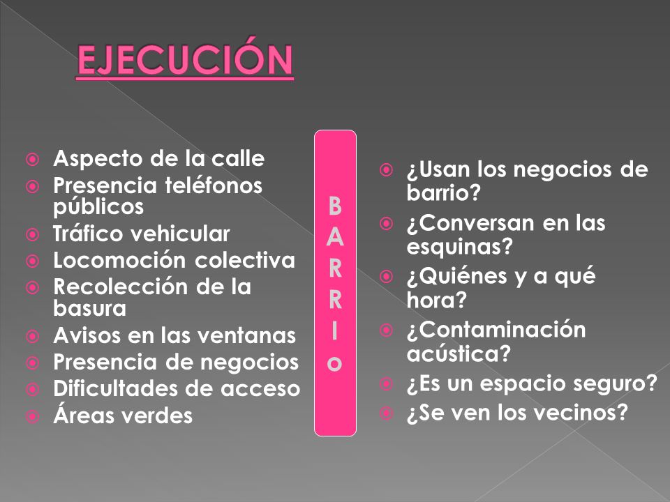 EJECUCIÓN B A R I o Aspecto de la calle Presencia teléfonos públicos
