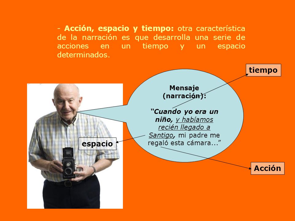 - Acción, espacio y tiempo: otra característica de la narración es que desarrolla una serie de acciones en un tiempo y un espacio determinados.