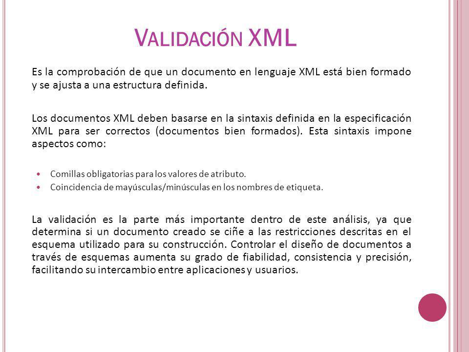 Validación XML Es la comprobación de que un documento en lenguaje XML está bien formado y se ajusta a una estructura definida.