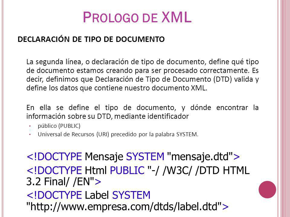 Prologo de XML <!DOCTYPE Mensaje SYSTEM mensaje.dtd >